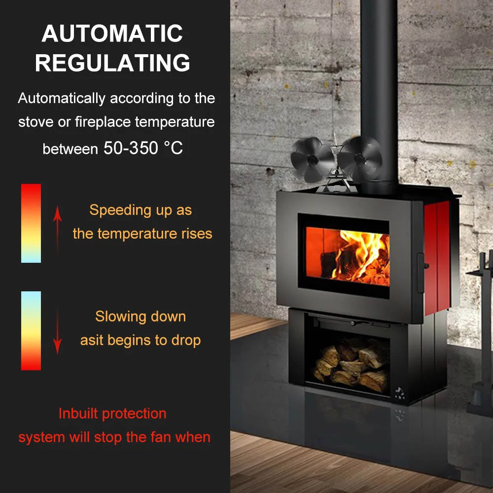 Черный камин 4 лопасти вентилятор для печи, работающий от тепловой энергии бревна деревянная горелка экологичный тихий вентилятор дома эффективное распределение тепла