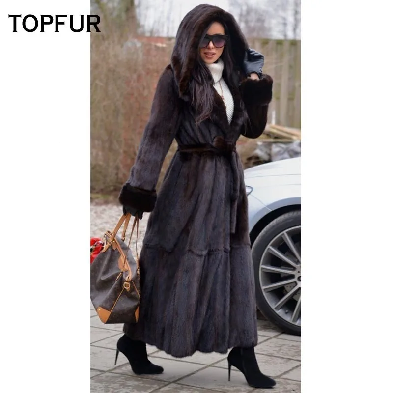 TOPFUR, новинка, модное зимнее длинное женское пальто, натуральное меховое пальто для женщин, натуральный белый мех норки, верхняя одежда и пальто с капюшоном