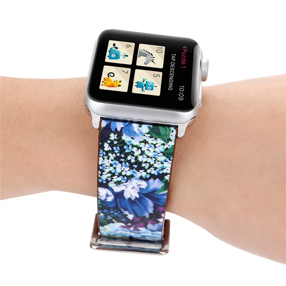 Кожаный браслет, цветочный принт, ремешок для наручных часов Apple Watch серии 3/2/1, 42 мм, 38 мм, версия браслет ремешок для наручных часов iwatch, 5/4 40 мм 44 мм