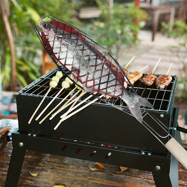 Hordozható Nem Stick Hal Grillező Kosár Fogantyúval Csirkehús Bbq Mesh Clip Diy Barbecue Szerszám Sült Kiegészítők Kültéri