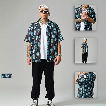 

Men's Retro Character Printing Shirt Skeleton Skull Head Printed Loose Men's Shirt