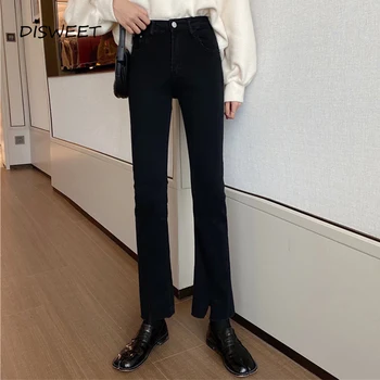 

Harajuku High Waist Split Flared Woman Korean Solid Color Slim Ladies Jeans Temperament Of High Quality Black Jeans Women 2019