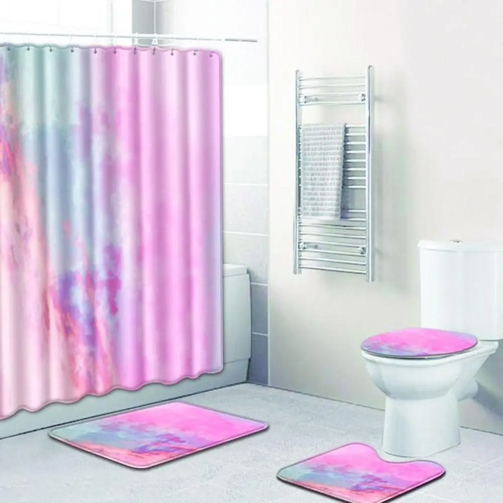 

New Design 4Pcs/Set Bathroom Mat Set Simple 3D Printing Waterproof Shower Curtain Bath Mat Toilet Rug Cover Set Washable