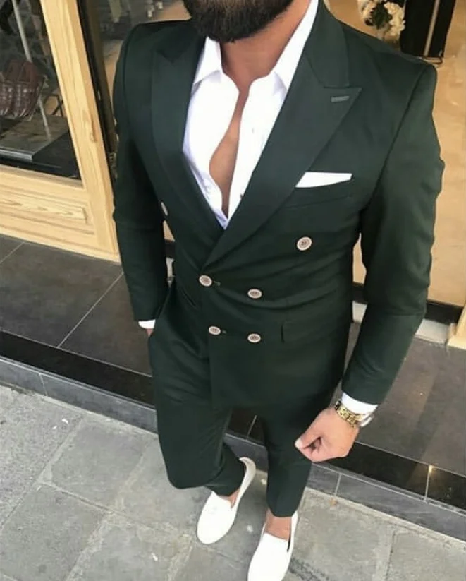2020 Dark Green Double Breasted Slim Fit Men Prom Suit Wedding Suits For Blazer Masculino Costume Homme 2 Pcs (Jacket+Pants) | Мужская