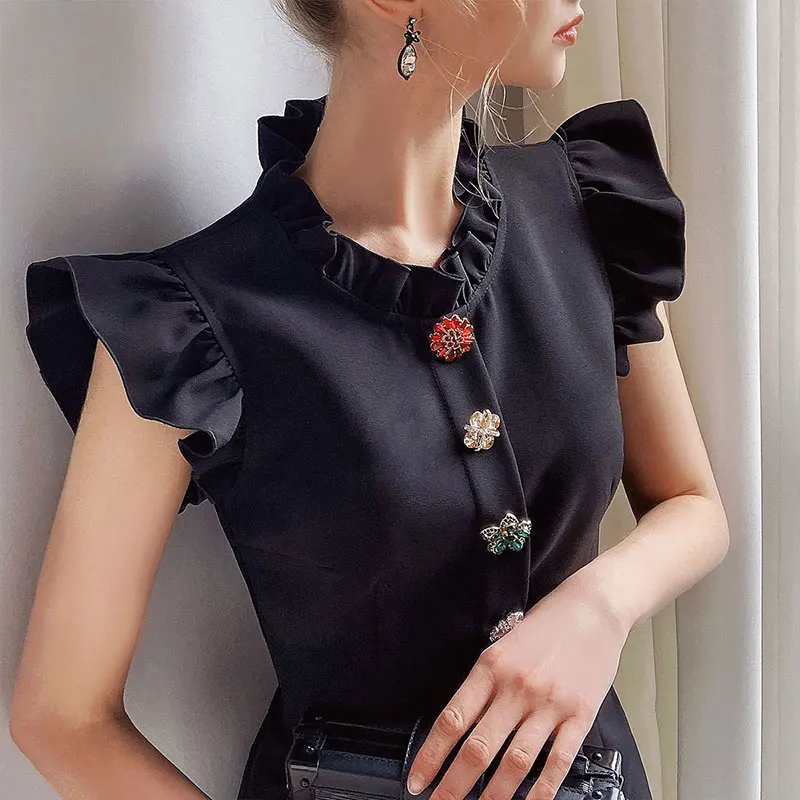 Dabuwawa Exclusive Vintage Black Summer Dress Women Sleeveless Single Breasted A-Line Ruffle Neck Elegant Dress Ladies DO1BDR003