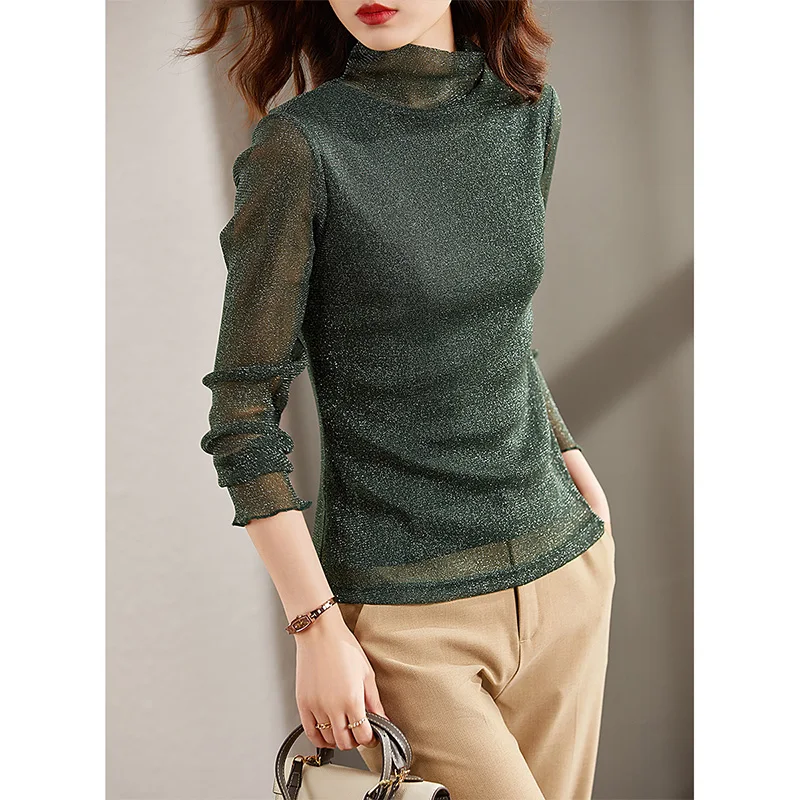 Vimly Women Mesh Pullover Shirt Fashion Turtleneck Solid Bright Silk Tops Slim Winter Clothes Elegant Female Tshirts F8782 | Женская