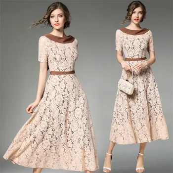 

New High Quality Explosions Leisure Vintage color matching Dresses Women lace Spring Casual Dress