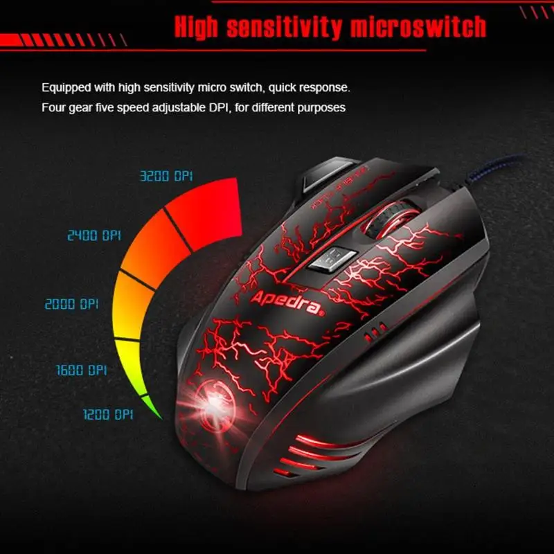 Apedra A7 игровая мышь, компьютерная проводная USB 7 кнопок 3200 dpi RGB светодиодный оптическая мышь для ноутбука, настольного ноутбука, игр