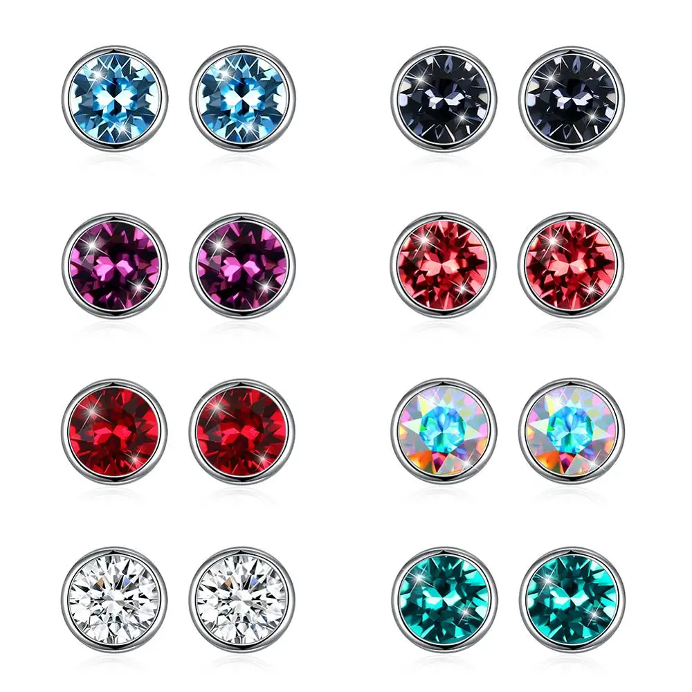 LEKANI 8 Colors Real Crystals From Swarovski 925 Sterling Silver Round Stud Earrings for Women Girls Fine Jewelry Wedding Gifts