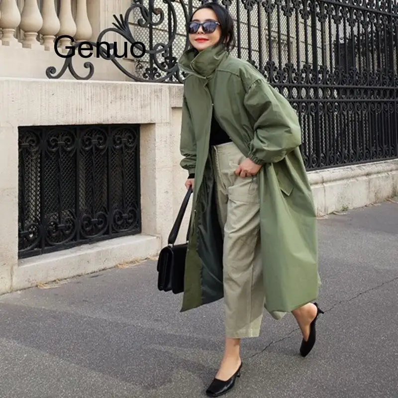 

Korean Casual Loose Solid Color Long Trench Women Spring New Turn-down Collar Zippers All Match Female Coats