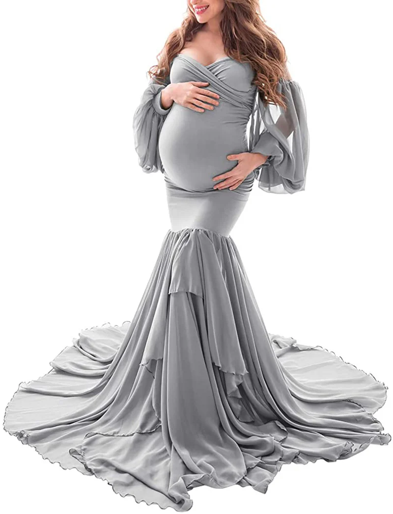 Pregnant Women Dress Sexy Shoulderless Maternity Dresses Photoshoot Ruffles Pregnancy Maxi Gown Photography Props Mermaid Dress