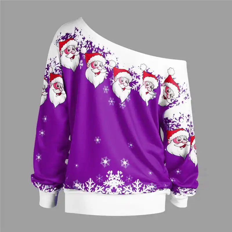skew neck santa claus snowflake pullover christmas sweatshirt