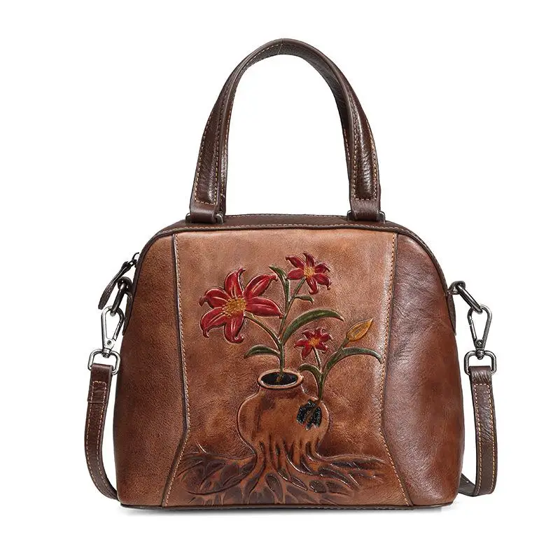 Кофе Johnature, ретро ручная роспись, роскошные сумки, новинка, для отдыха, натуральная кожа, большая емкость, Воловья кожа, сумки через плечо и через плечо - Цвет: Кофе