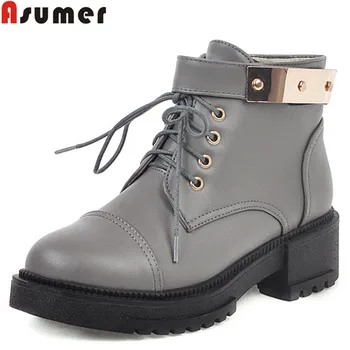 

Asumer 2020 new ankle boots round toe lace up autumn winter boots women square heels ladies platform boots