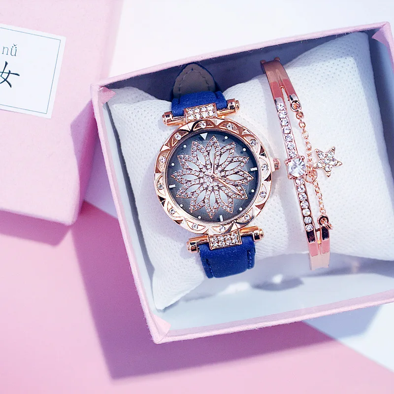 Blue bracelet Женские часы, браслет, набор, звездное небо, женские часы-браслет, повседневные, кожа, кварцевые наручные часы, часы, Relogio Feminino - Цвет: Blue bracelet