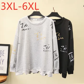 

New autumn winter ladies plus size pullover tops for women large long sleeve loose cotton gray O neck T-shirt 3XL 4XL 5XL 6XL