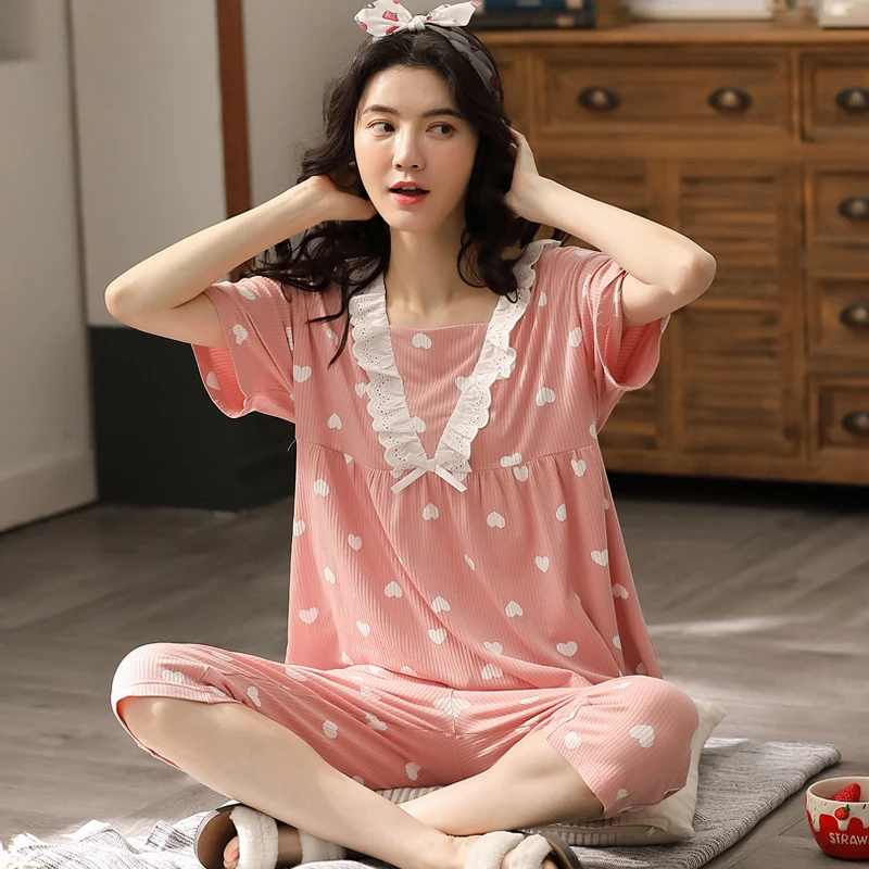 

Women's Modal Pyjamas Pijamas Short-sleeved Calf-Length Pants Sleepwear Home Suit Women Pajamas 2-piece Set