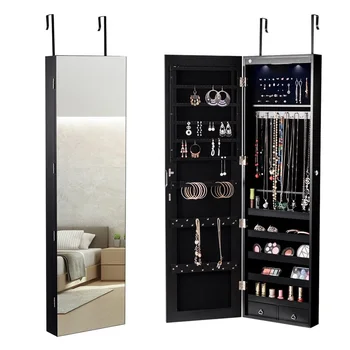 

Wall and Door Mounted Mirrored Jewelry Cabinet with Lights High Quality Moisture Corrosion Resistant Black Jewelry Box HW59104