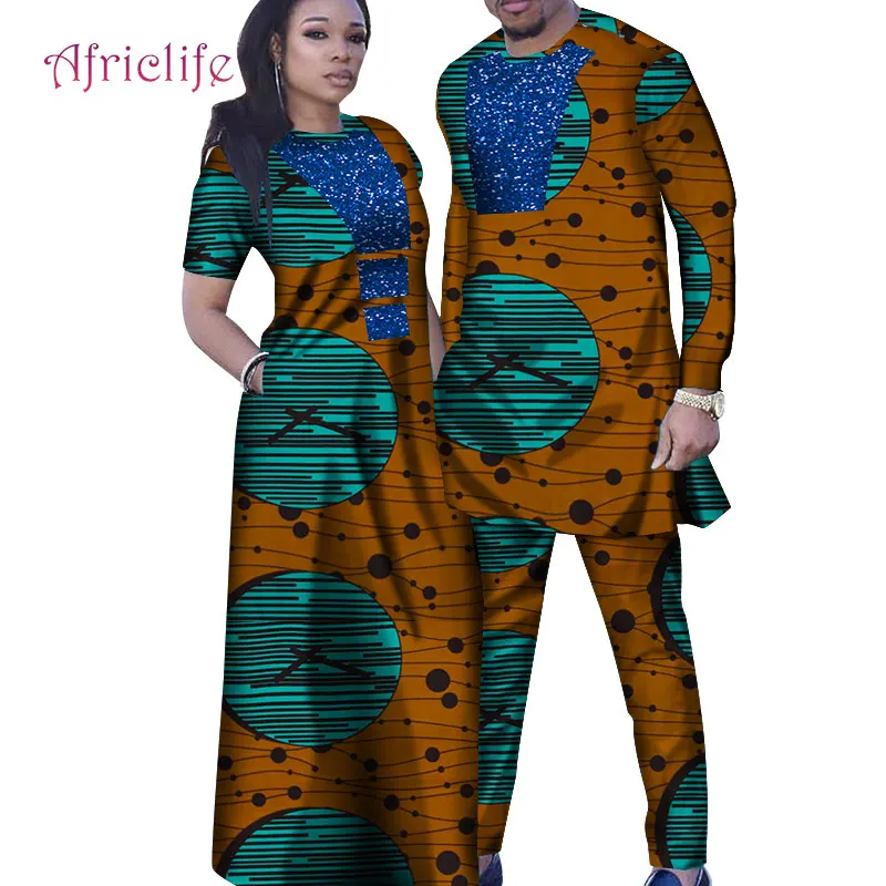 Африканская ткань Bazin женское длинное платье с карманами и длинным рукавом мужские костюмы Хорошее качество парные платья WYQ286 - Цвет: 5