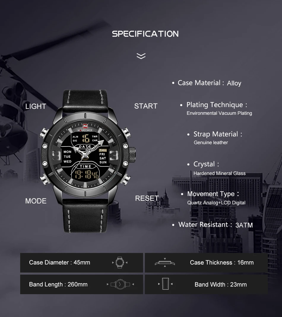 NAVIFORCE мужские часы Топ люксовый бренд мужские кожаные кварцевые наручные часы светодиодный цифровые часы водонепроницаемые военные наручные часы