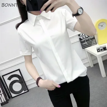 

Shirts Women Solid Turn-down Collar Chiffon All Match Womens 2020 New Short Sleeve Simple Breathable Elegant Females Blouses