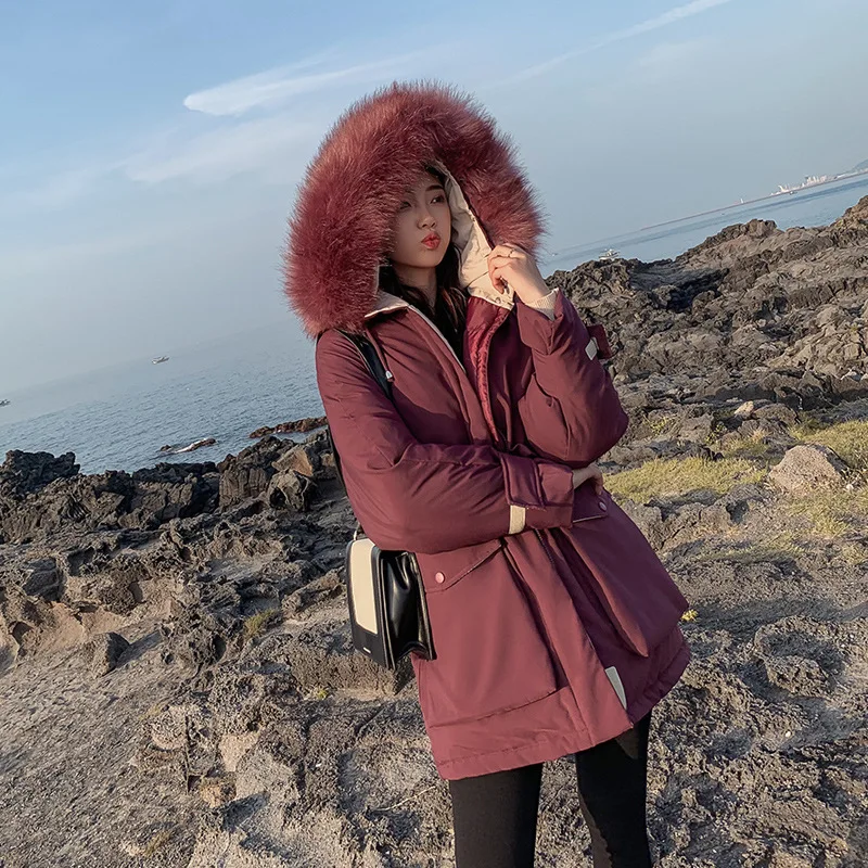 

Dongdaemun Fashion Mid-length Waist Hugging Workwear Fur Collar Hooded Cotton Overcoat