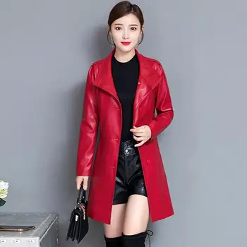 

2019 Autumn Winter Plus Size M-5XL Pu Leather Women Long Coat Faux Leather Jacket Female Slim Casual Trench Coats With Belt T98