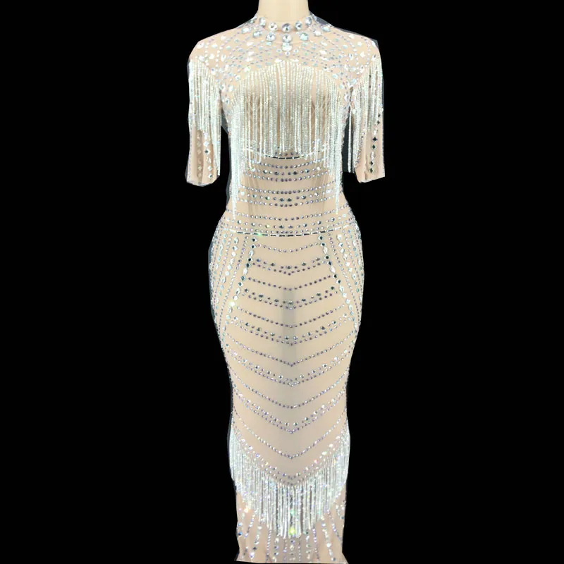 Sparkly Stone Fringes Stretch Mesh Sexy Dress Women Birthday Party Celebrate Rhinestones Dress Nightclub Crystals Dance Costume