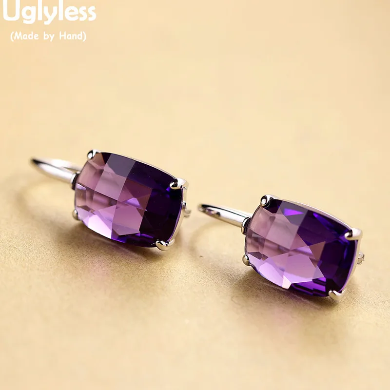 Uglyless Square Purple Crystals Earrings Women Fashion Simple Geometric Earrings Real 925 Sterling Silver Brincos Bijoux E1495