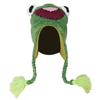 

Child Kids Cute Cartoon Frog Knitted Beanie Hat with Earflap Braided Long Tassels Thicken Lining Windproof Winter Cap War Warmer