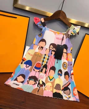 

Girls Summer Fashion New Pure Cotton Cute Ruffle Sleeve Figures Print Slip Baby Dress 100-140 Kids