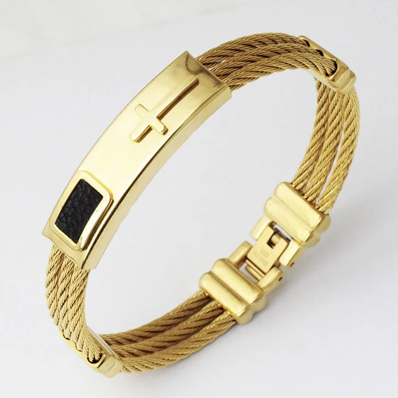 Men 3 Rows Wire Chain Bracelet Bangle Punk Stainless Steel Cross Bracelets Jewelry Gifts Bracelet Jewelry