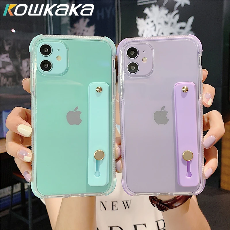 Kowkaka Transparent Bumper Wristband Phone Holder Case For Iphone 11 Pro Max Xs Xr X 7 8 Plus Candy Color Frame Shockproof Shell Phone Case Covers Aliexpress