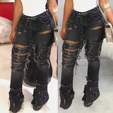 Женские джинсы с дырками и карманами для женщин, черные джинсы с высокой талией и кисточками, повседневные Прямые джинсы# G2