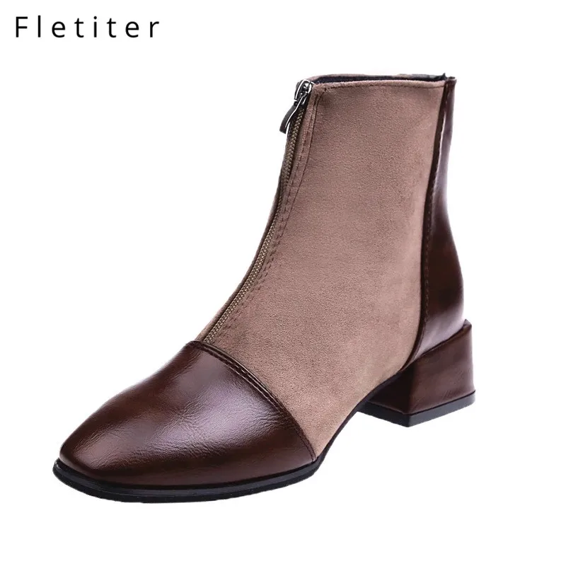 

Fletiter New Women's boots Autumn Winter Leather Boots Woman front zip Chelsea High Top Ankle Boots Booties Med Heels Shoes