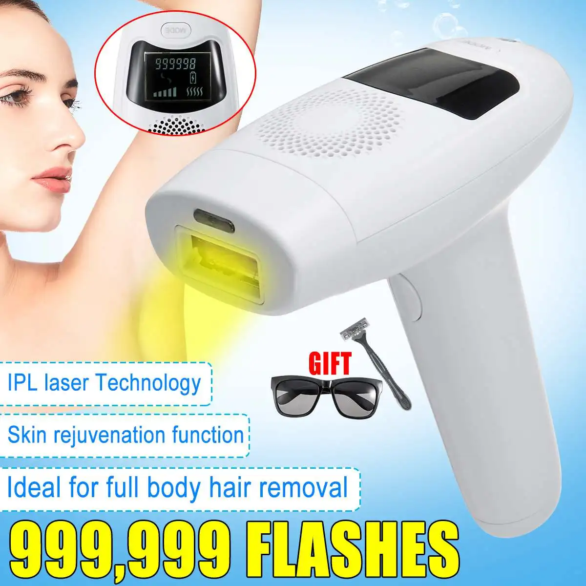 990,000 Flashes LCD Laser Epilator IPL Hair Removal Machine Body Device