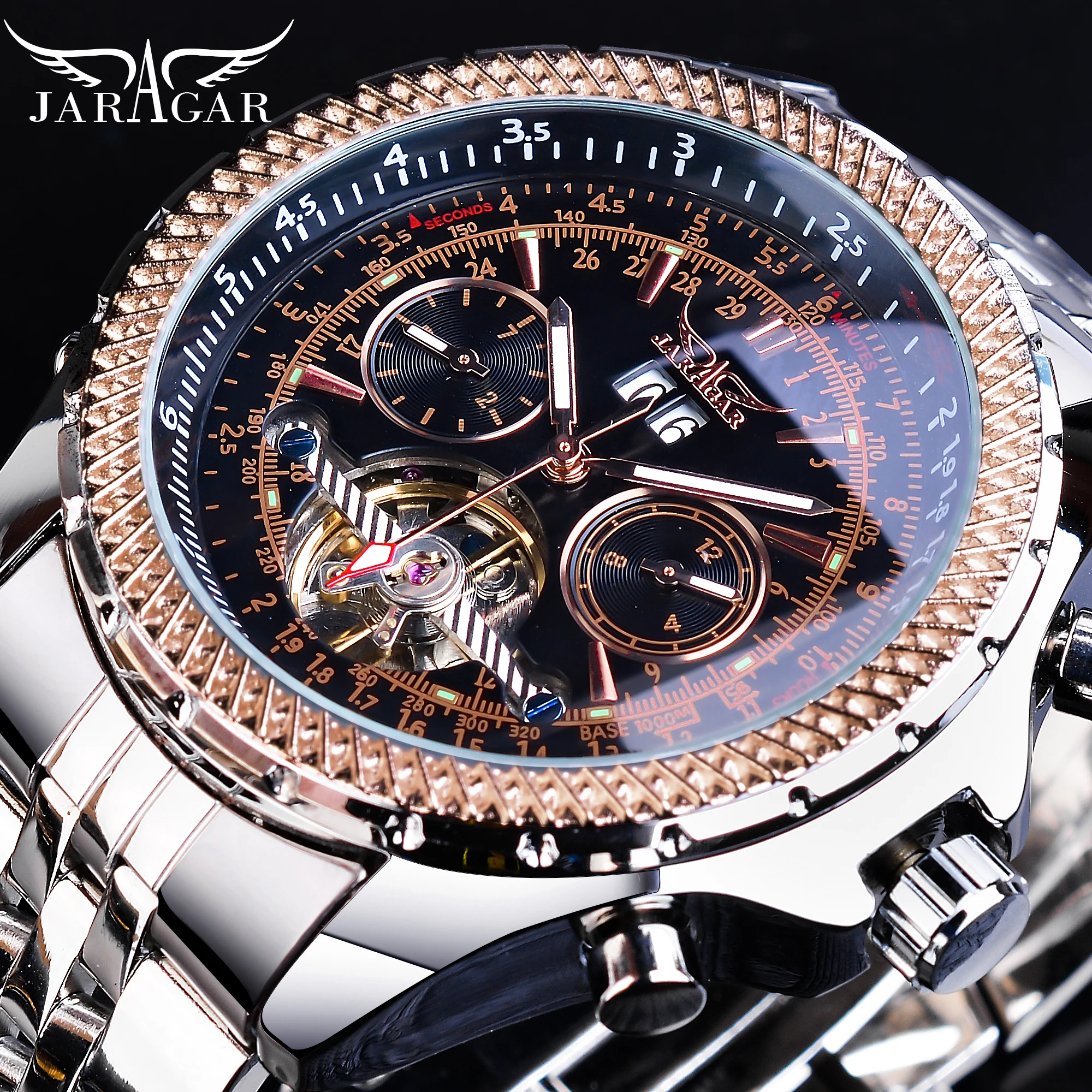 Jaragar серебряные стальные мужские бизнес Tourbillion календарь дисплей светящиеся Руки