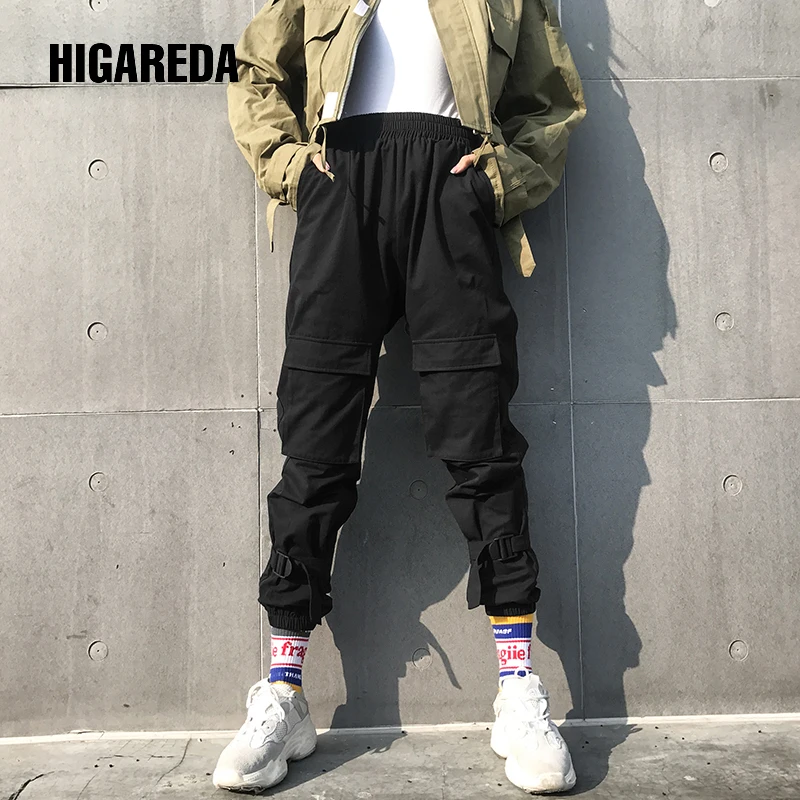 

HIGAREDA Black Hip Hop Cargo Pants Women Harajuku Punk Casual Pants Capris Elastic High Waist Trousers Female Sweatpants