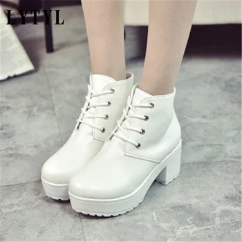 Women #8217 s PU Leather Waterproof Ankle Boots Platform Lace up Female High Heels Fashion Women #8217 s Short Boot Ladies Party Shoes B-17 tanie i dobre opinie LYTYL Solid Square heel Motorcycle boots Cotton Fabric Round Toe Spring Autumn High (5cm-8cm) 3-5cm Lace-Up Fits true to size take your normal size