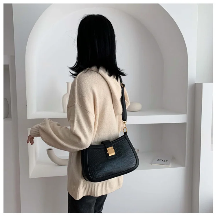 Fashion Woman Shoulder Bag PU Leather Hobos Bag Stone Pattern Lock Black Luxury Handbags Women Bags Designer Bolsa Feminina sac