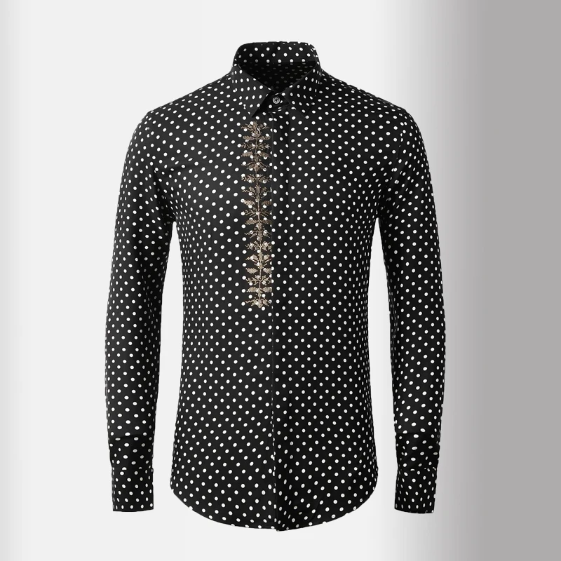 

100% Cotton Men Luxury Diamond Long Sleeve Polka Dot Mens Dress Plus Size 4xl Slim Fit Party Male Shirts