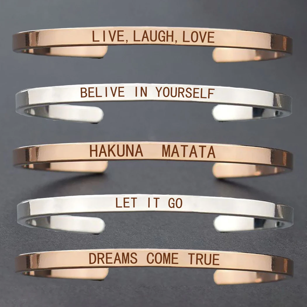 

Hakuna Matata Simple Inspirational Letters Engraved African Proverb Bracelet Copper Alloy Cuff Bangle Bracelet for Lovers