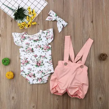 

Boutique Girl Clothes 2020 Newborn Kid Baby Girls Flower Sleeveless Bodysuit Bib Pants Headband 3pcs Outfits Clothes