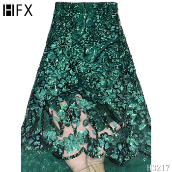 

HFX Shining Dark Green Sequins Lace Fabric African Dress Tulle Fabric Designer Fabric High Quality Evening Dress Fabric H3217