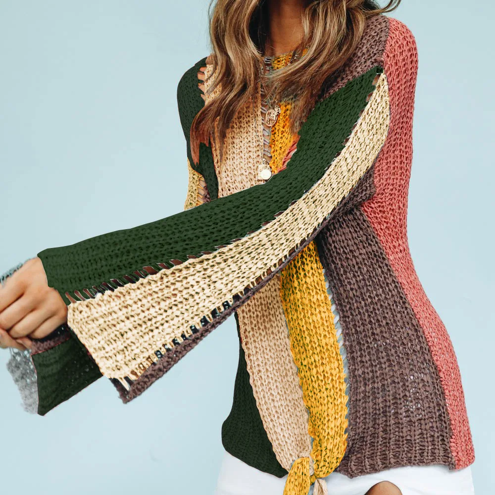 

Autumn Women Pullover Sweater Winter color matching straps Loose Knitted Fashion pullover Long Sleeve Jumpers female sweater