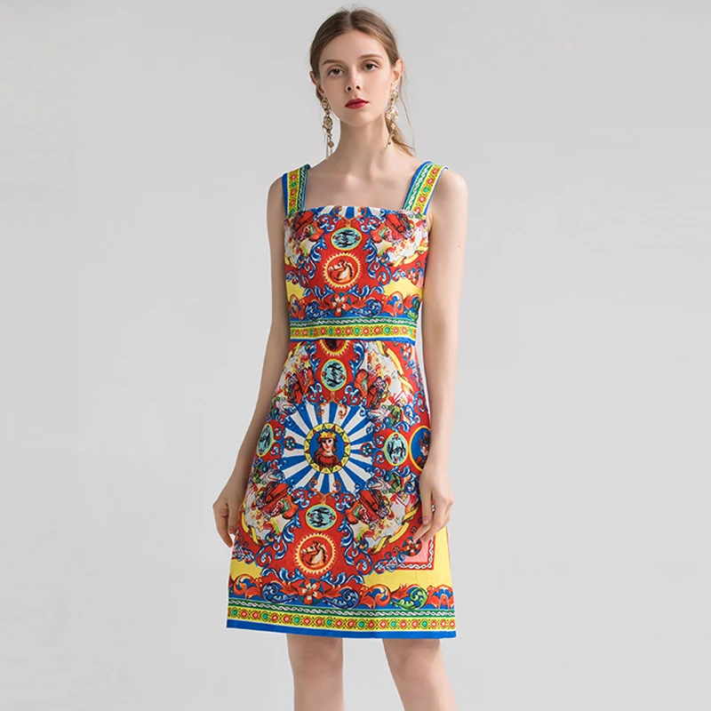 

VERDEJULIAY Runway Summer Dress 2020 Fashion New Spaghetti Strap Retro Royal Print Vintage Sleeveless Slim Mini Women Dress