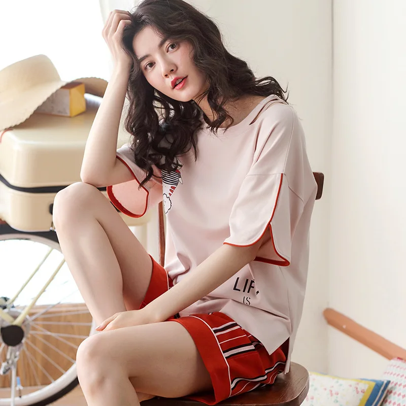 

2020 Pajamas WOMEN'S Short Sleeved Pure Cotton Summer Women's Pure Cotton Large Size Casual Comfortable Pajamas Homewear Set