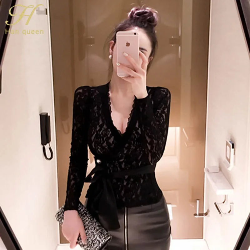 Black H Han queen, сексуальные кружевные блузки с глубоким v-образным вырезом, женские блузки, осень, облегающие топы на шнуровке, кардиганы, рубашки - Цвет: Black