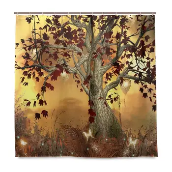 

Golden Tree Shower Curtain Old Twisted Tree with Golden Butterfly and Hive Print Polyester Fabric 3D Shower Curtain Set
