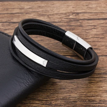 Braided Punk Multilayer Stainless Steel Leather Charm Bracelets For Men Magnet Jewelry